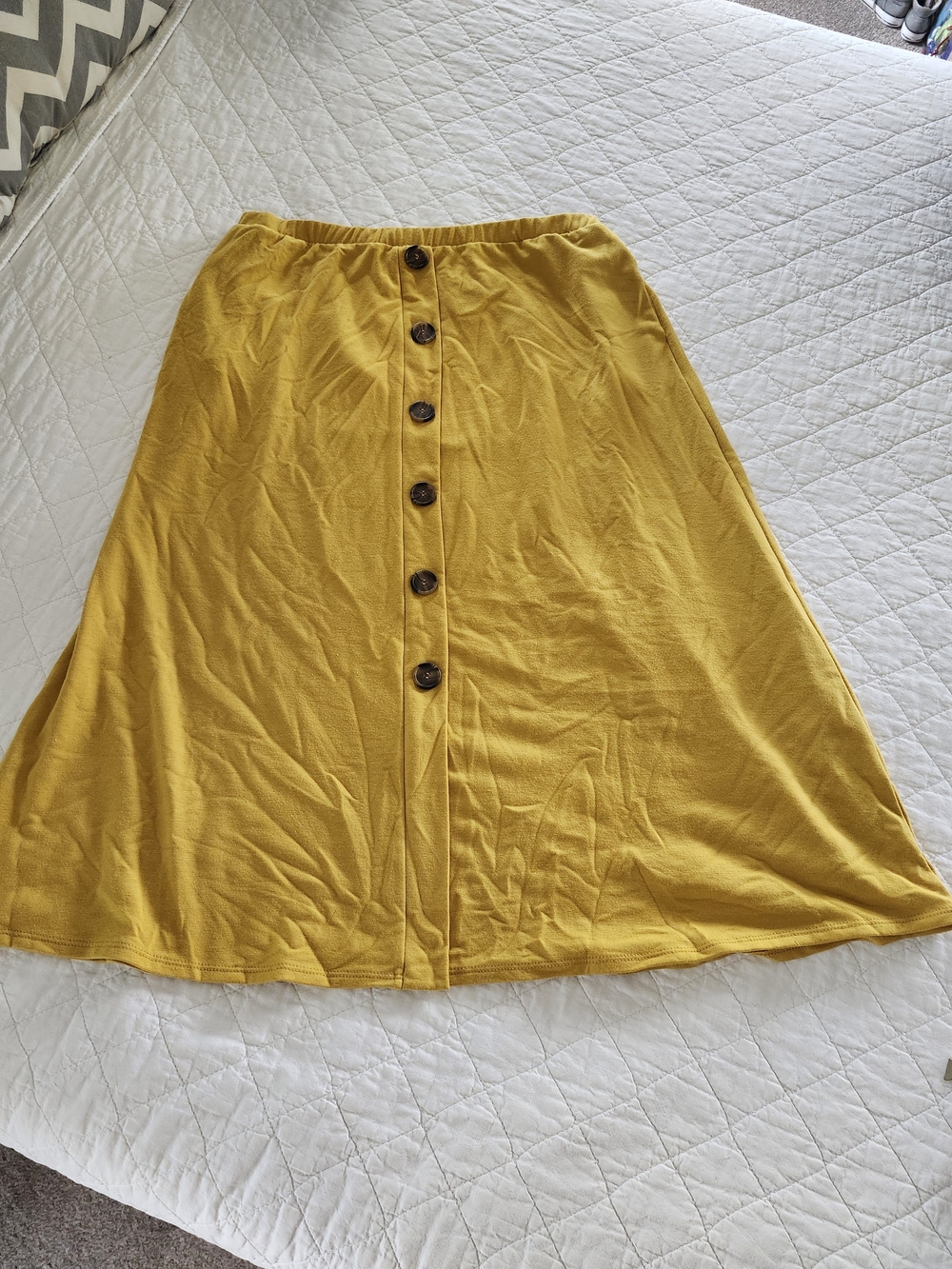 Button-Front Mustard Yellow Midi Skirt, Made in USA, Size XL